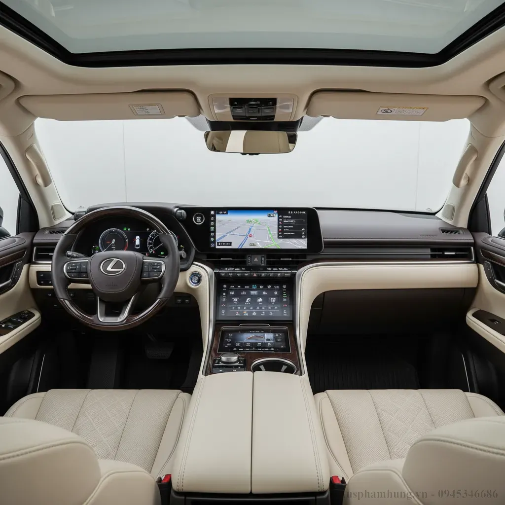 Khoang lái Lexus LX600 2026 với công nghệ hiện đại màn hình kép và vật liệu cao cấp