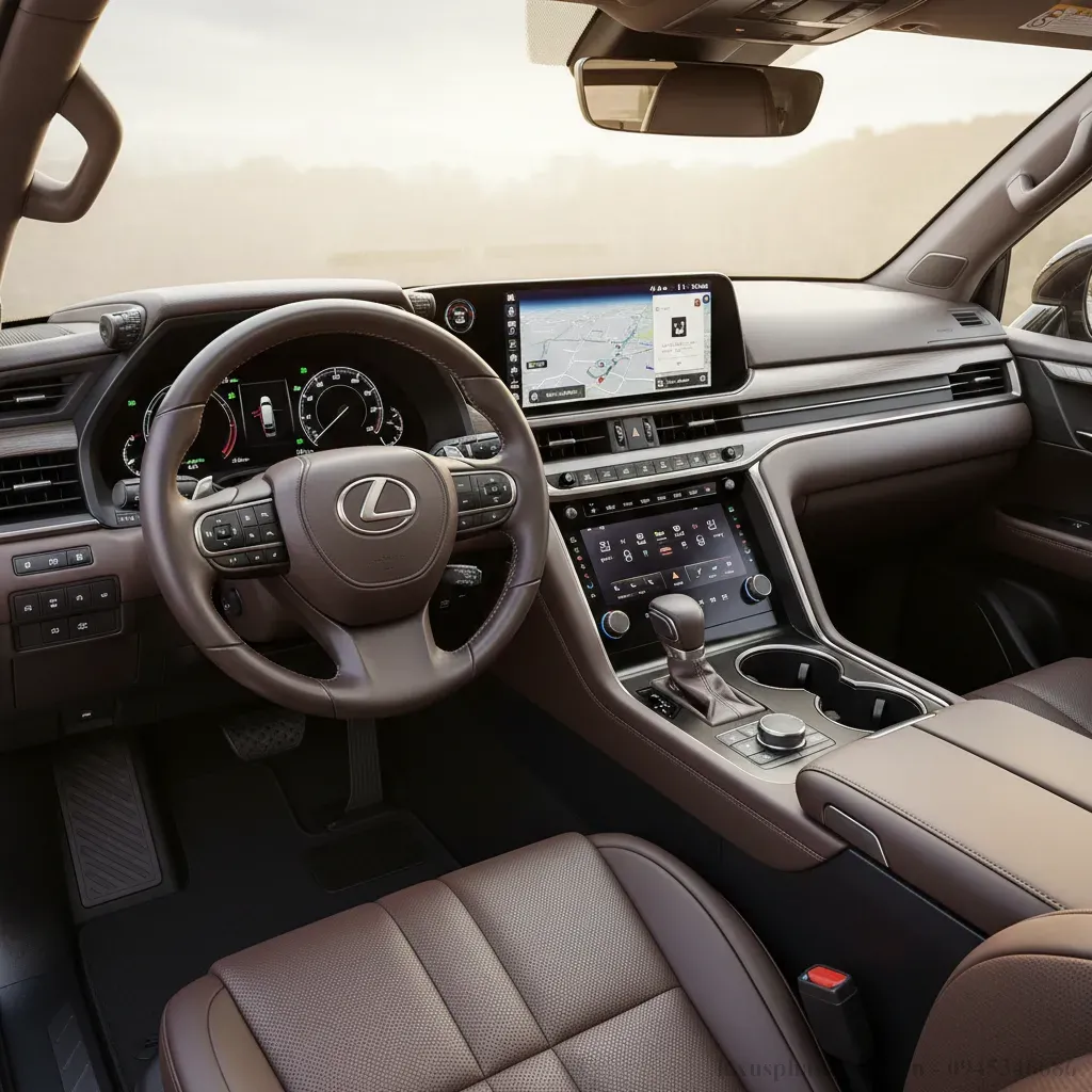 Hệ thống màn hình kép hiện đại và bảng điều khiển trung tâm của Lexus LX600 2026