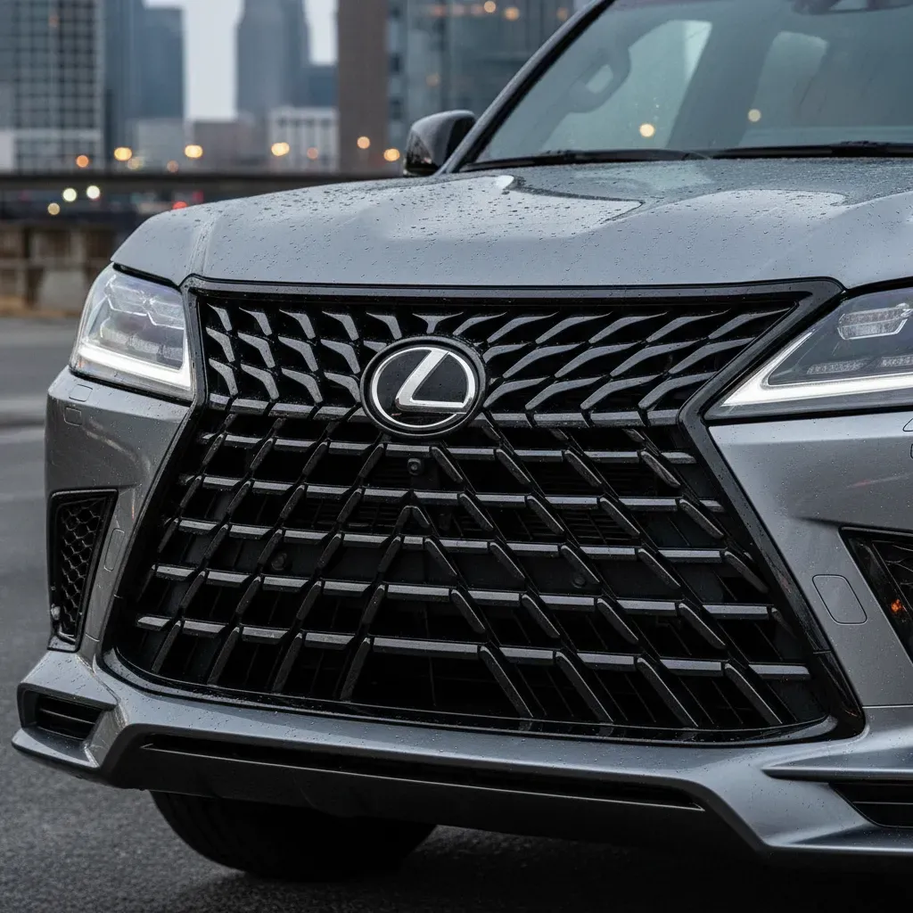Lưới tản nhiệt spindle đặc trưng và đèn pha LED sắc sảo trên Lexus LX600 Mới 2026