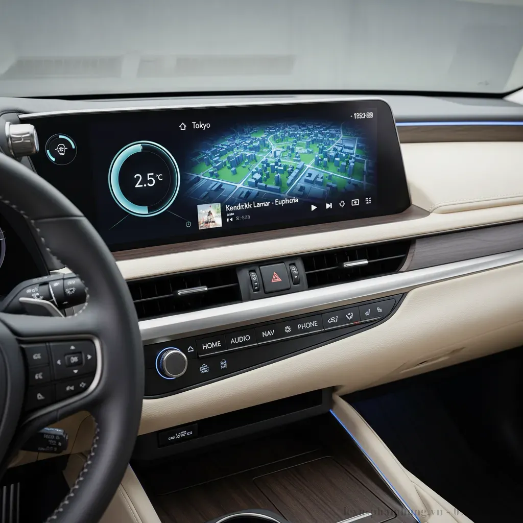 Màn hình thông tin giải trí trung tâm lớn và giao diện người dùng hiện đại trên Lexus ES 2026