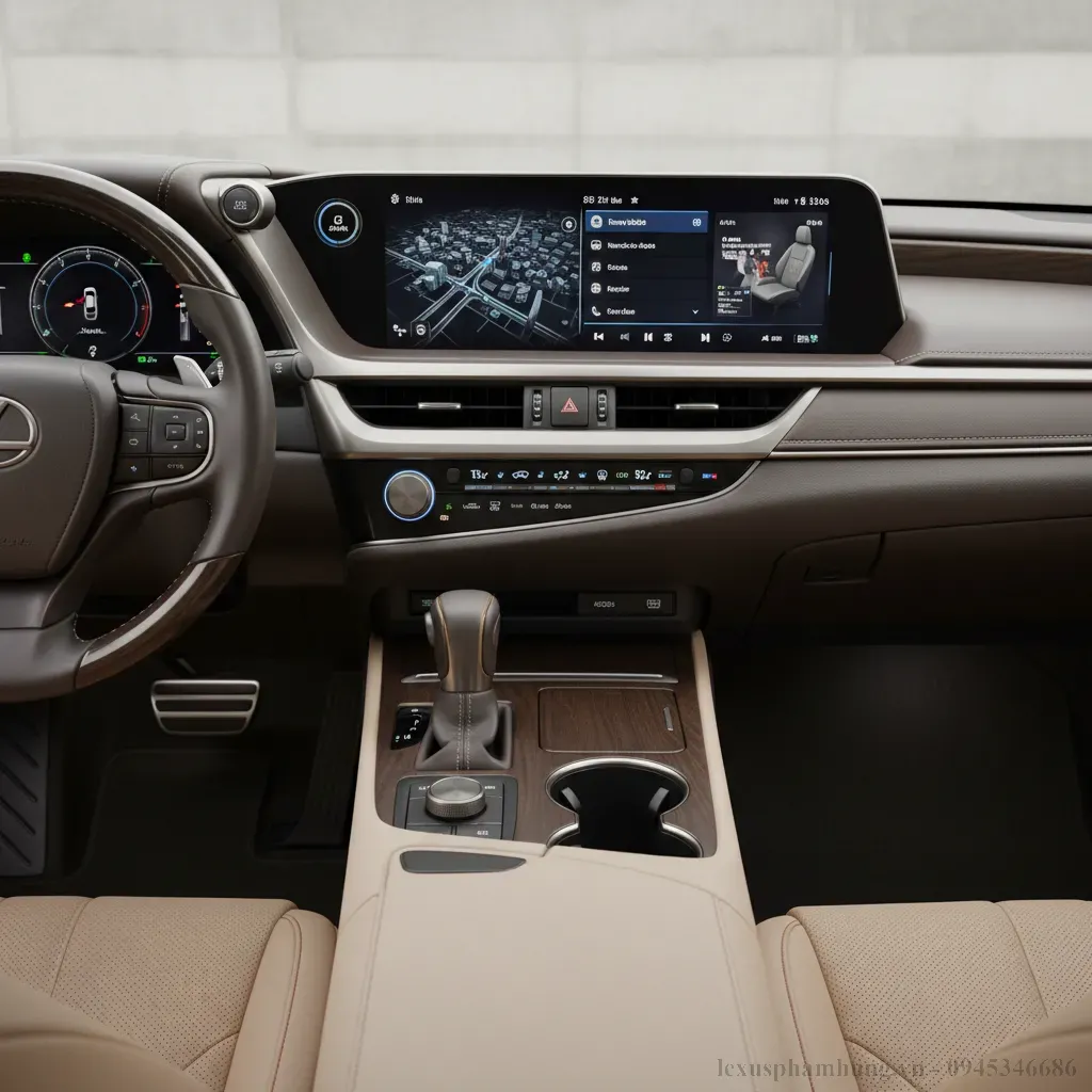 Khoang lái hiện đại của Lexus ES 300h 2026 với màn hình thông tin giải trí lớn và cụm đồng hồ kỹ thuật số