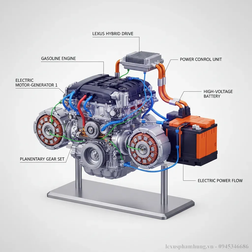 Sơ đồ c&ocirc;ng nghệ động cơ hybrid ti&ecirc;n tiến của Lexus minh họa sự kết hợp giữa động cơ xăng v&agrave; điện