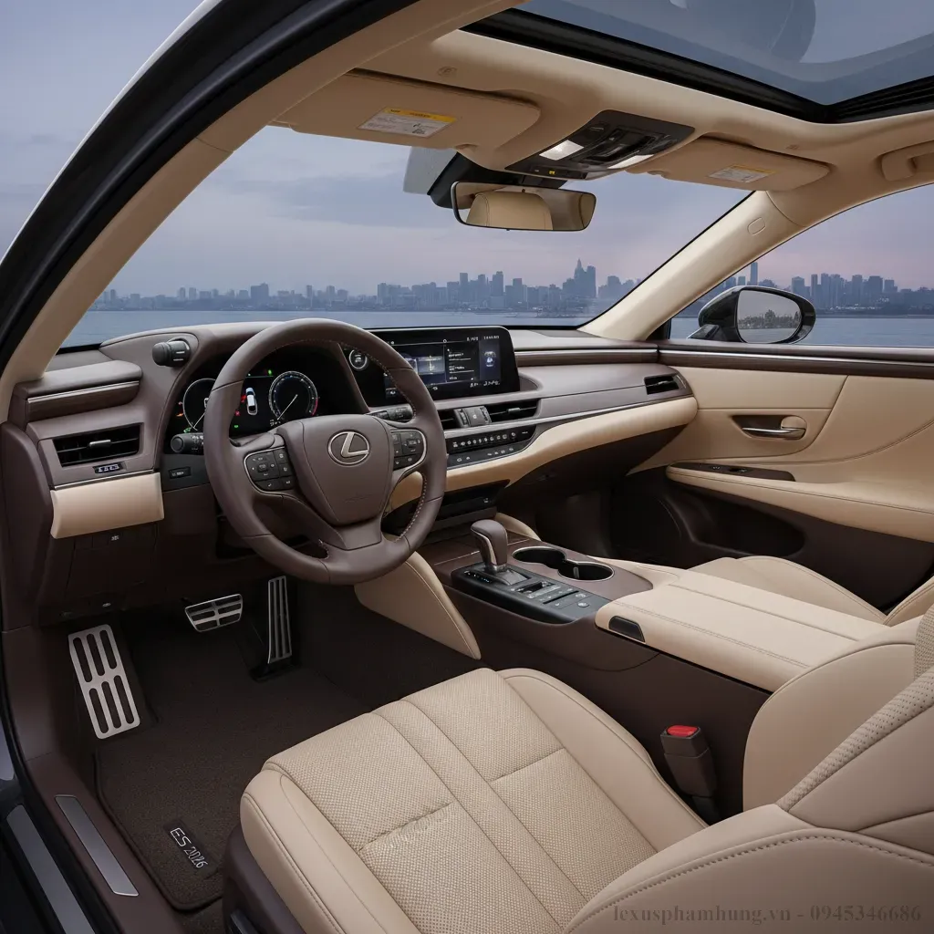 Khoang nội thất Lexus ES 2026 với vật liệu cao cấp màn hình cảm ứng lớn và thiết kế tinh xảo
