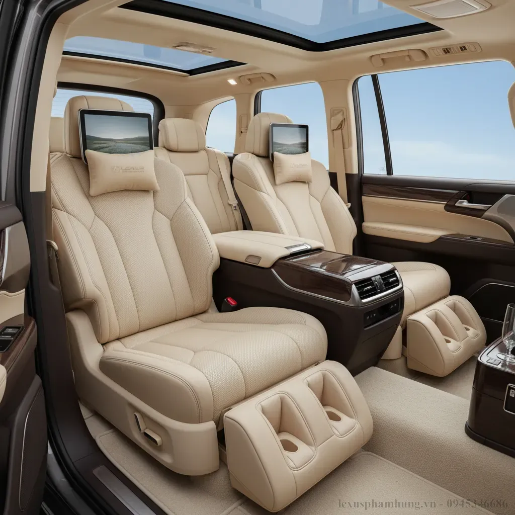 Hàng ghế sau dạng thương gia của Lexus LX600 VIP 2026 với hai ghế độc lập và tiện nghi cao cấp