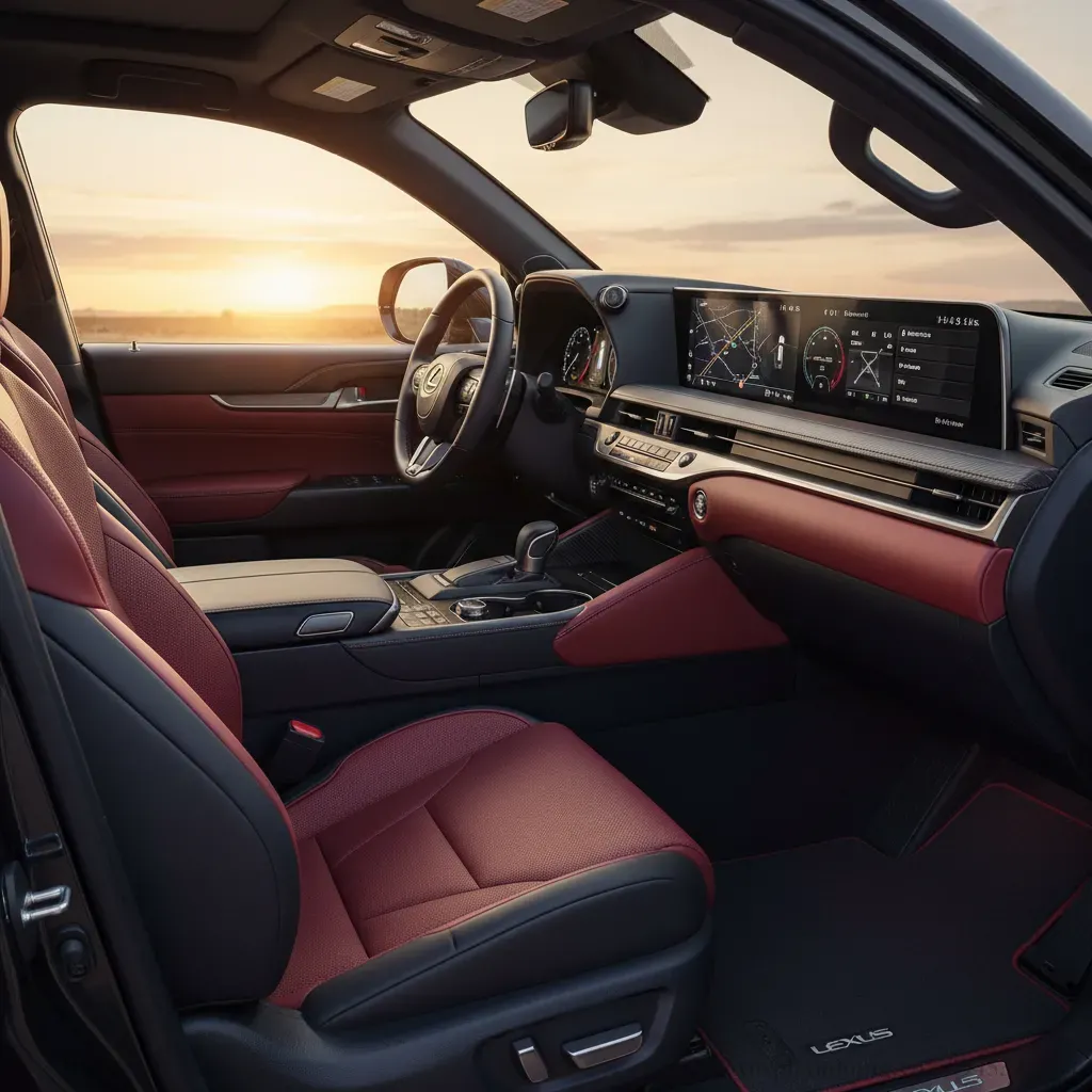 Nội thất Lexus LX600 F SPORT 2026 với ghế thể thao ôm sát vô lăng F SPORT và các chi tiết ốp nhôm phay xước