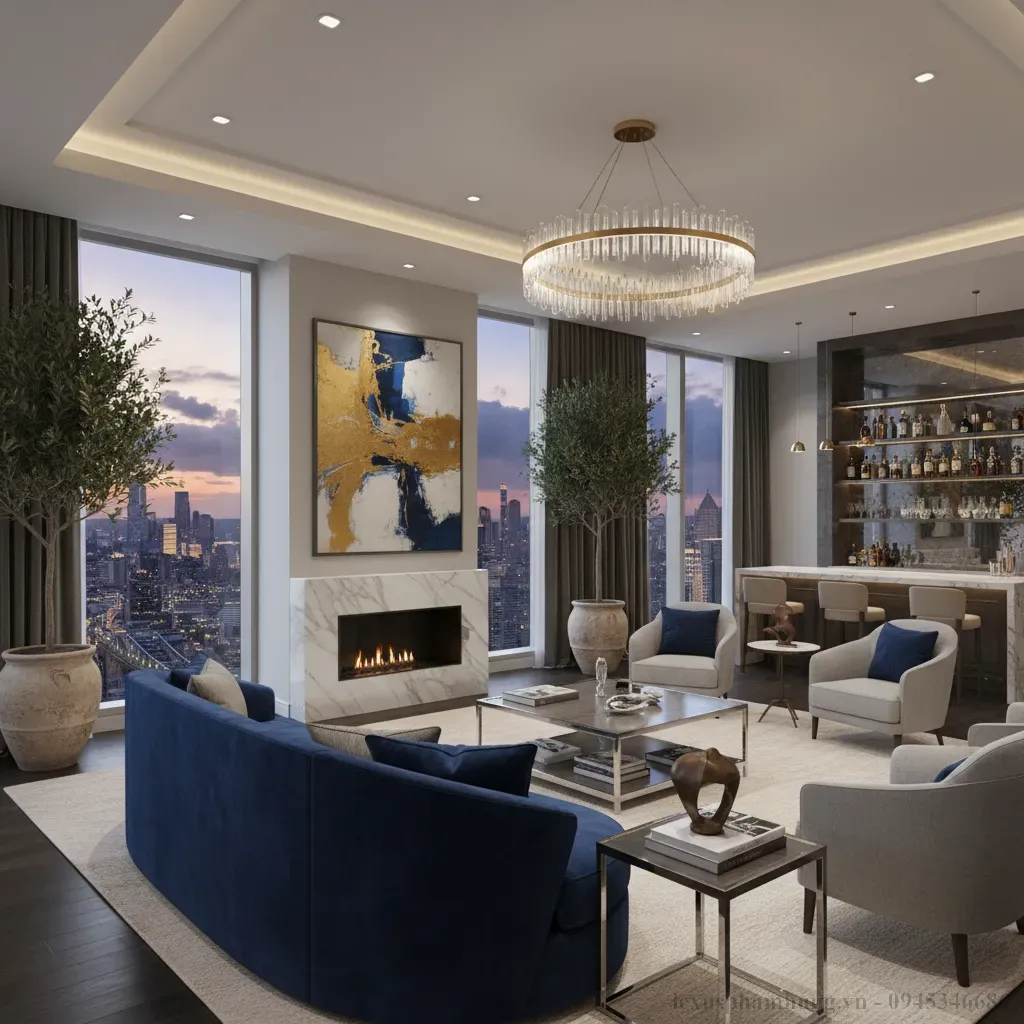 Phòng khách penthouse sang trọng với tầm nhìn ngoạn mục nơi tận hưởng cuộc sống đẳng cấp