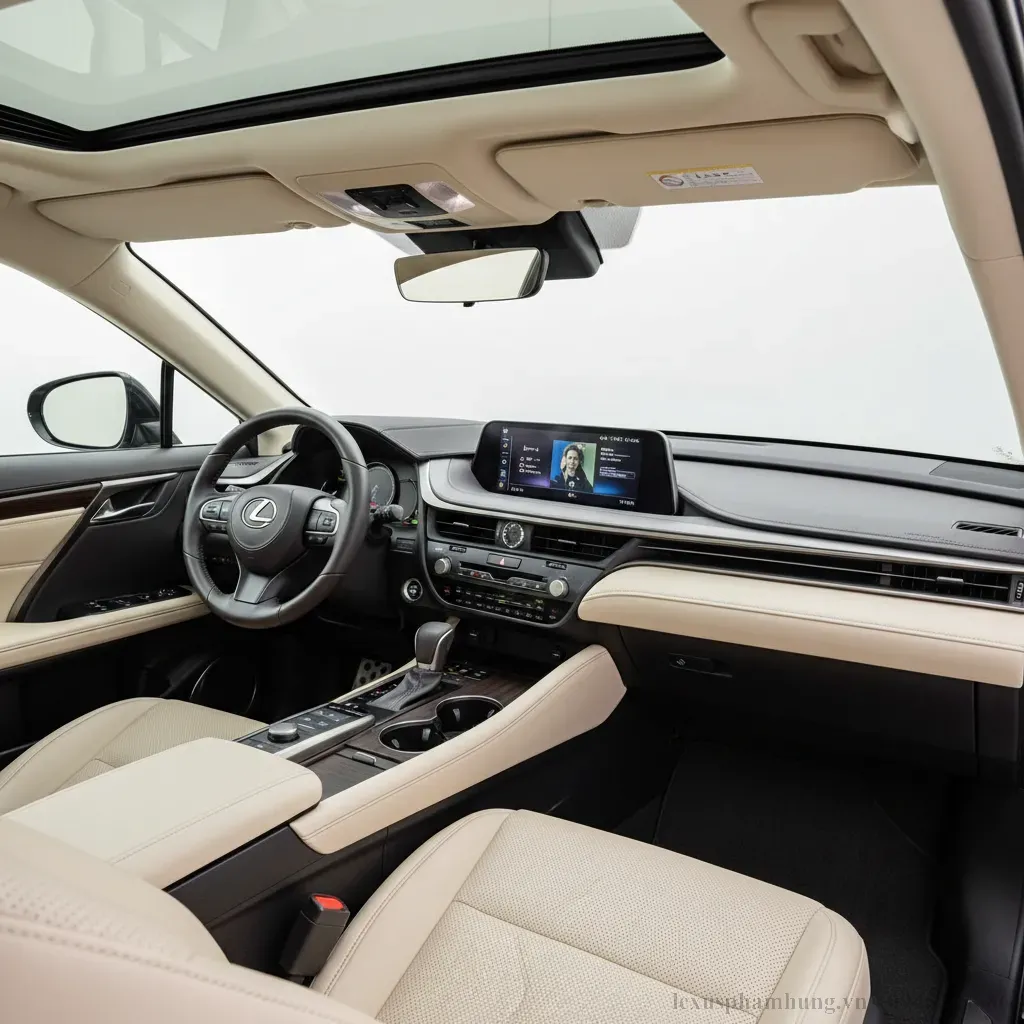 Khoang nội thất sang trọng của Lexus RX350h Luxury 2026 với màn hình giải trí cỡ lớn và ghế da SemiAniline