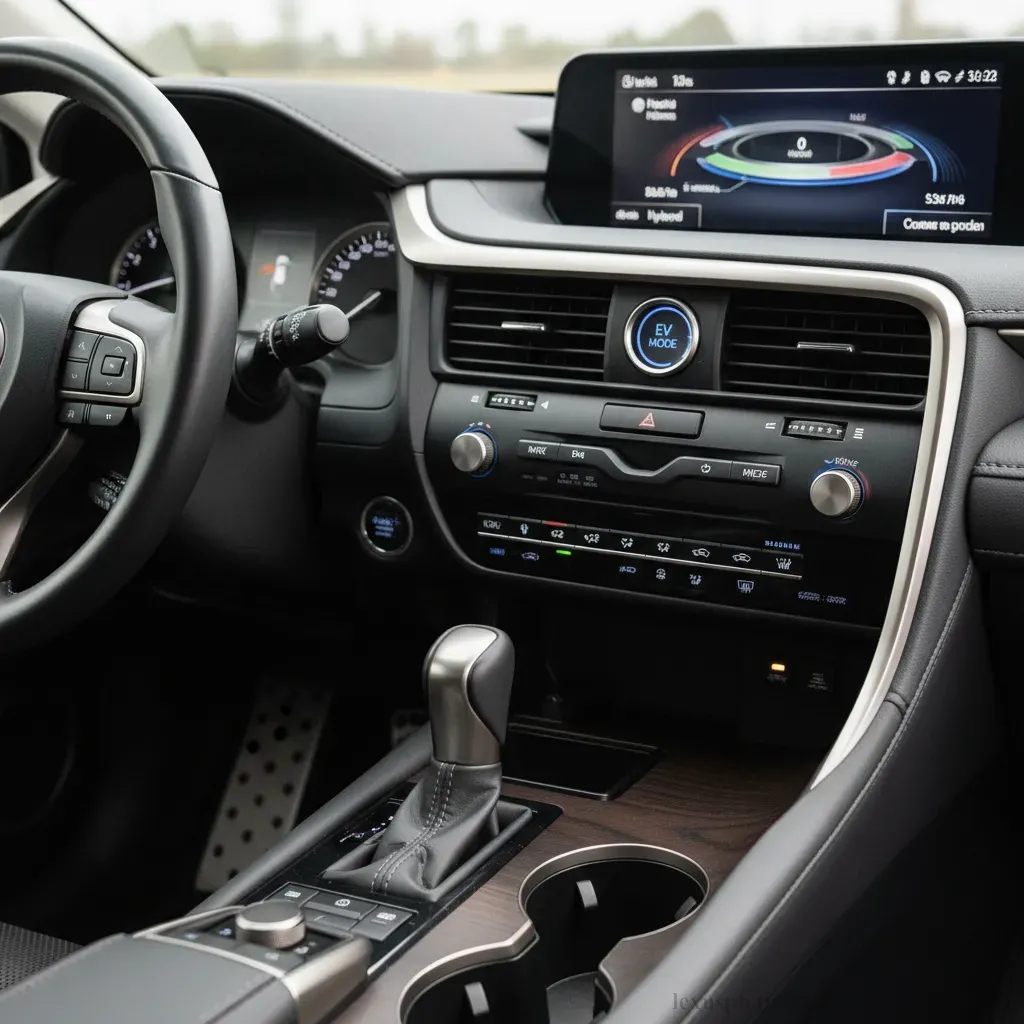 Nút kích hoạt EV Mode được bố trí tiện lợi trên bảng điều khiển Lexus RX350h