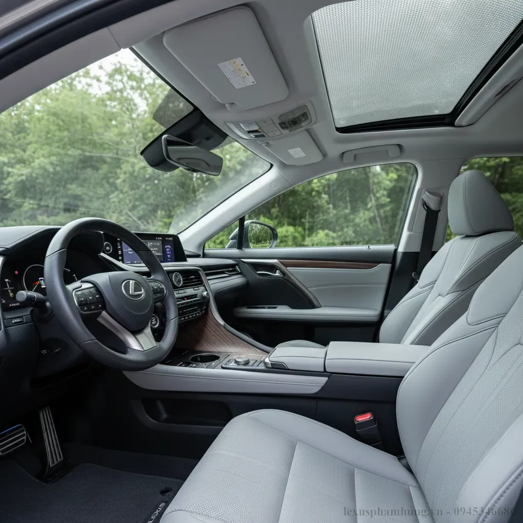 Nội thất sang trọng v&agrave; m&aacute;t mẻ của Lexus RX350h Luxury nhờ r&egrave;m che cửa sổ trời được sử dụng hiệu quả
