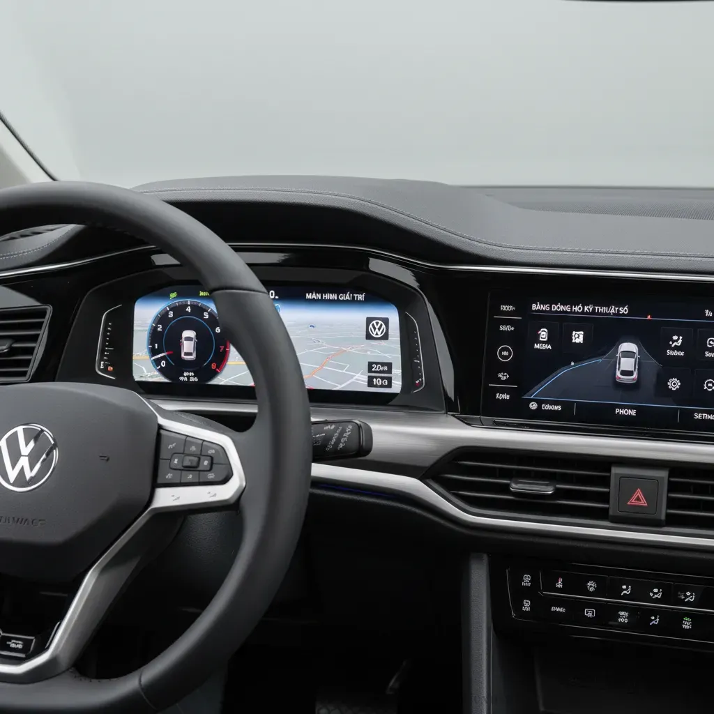 Hệ thống màn hình giải trí trung tâm và bảng đồng hồ kỹ thuật số hiện đại trên Volkswagen Teramont Pro 2026