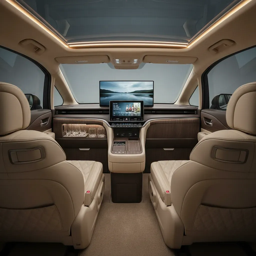 Khoang hành khách hạng nhất của Lexus LM 2026 với vách ngăn riêng tư và màn hình giải trí cỡ lớn