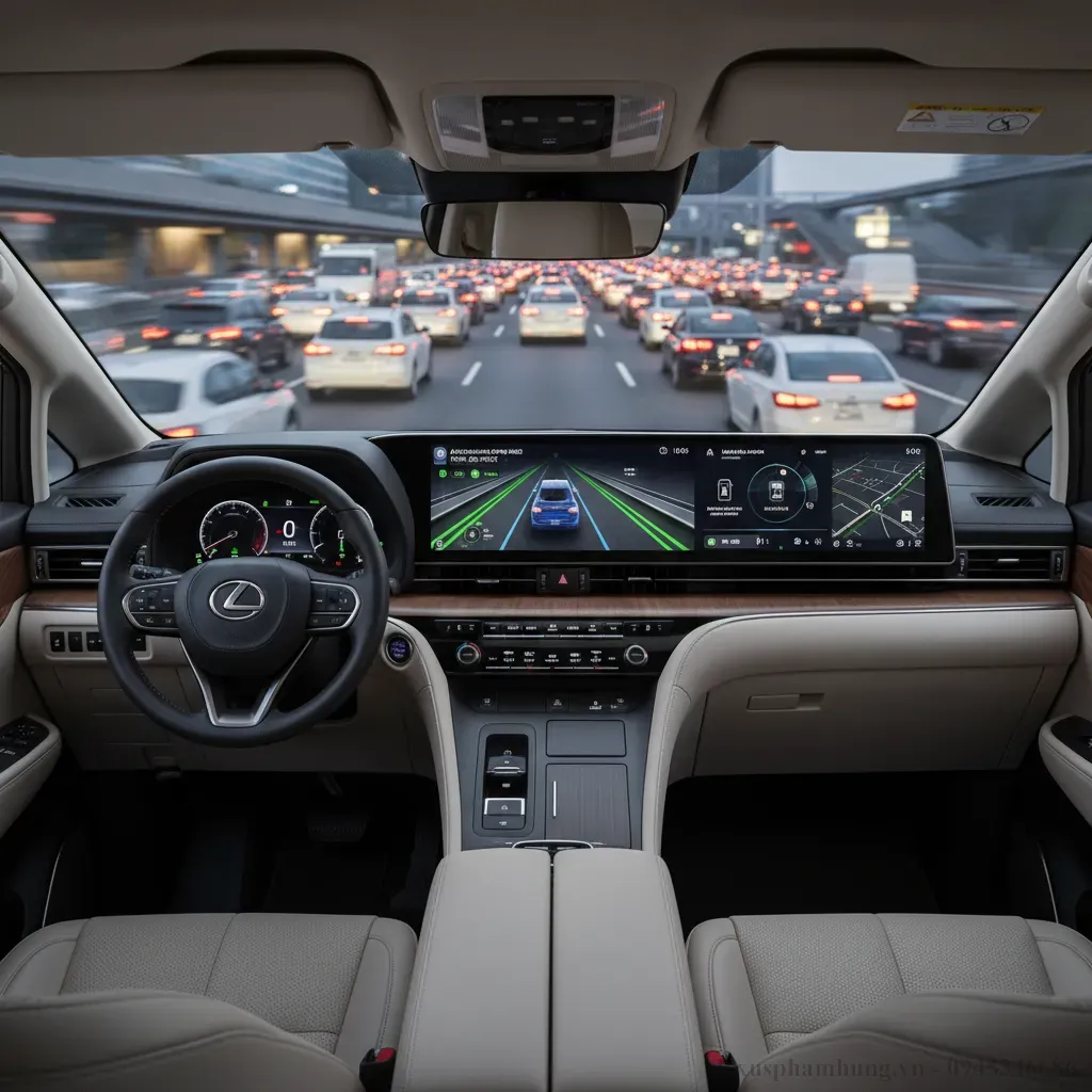 Màn hình hiển thị các tính năng hỗ trợ lái tự động của Lexus LM 2026 trong điều kiện giao thông ùn tắc