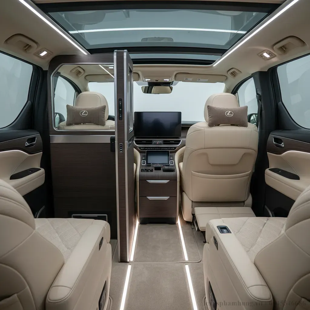 Khoang h&agrave;nh kh&aacute;ch VIP của Lexus LM 500h 4 chỗ với v&aacute;ch ngăn ri&ecirc;ng tư v&agrave; ghế ngồi hạng thương gia